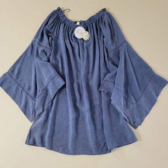 Oddy Women's Bell Sleeve Pheasant Close To Me Chambray Off-Shoulder Dress - Picture 1 of 12